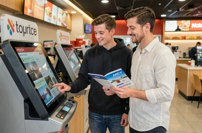 Couple utilisant un chèque vacances ANCV sur une borne de commande en self-service dans un fast food