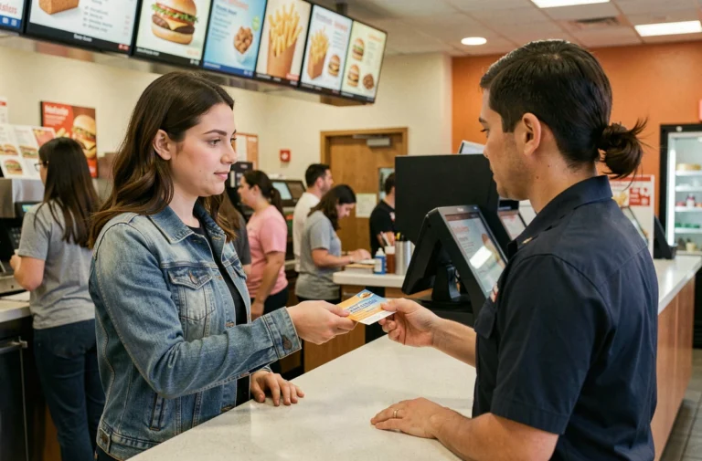 Femme utilisant des chèques vacances ANCV au comptoir d'un restaurant fast food