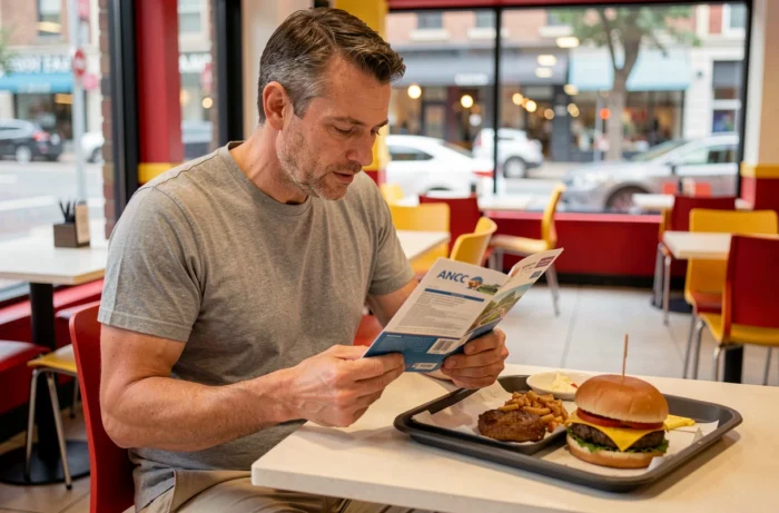 Homme consultant son carnet de chèques vacances ANCV dans un restaurant fast food