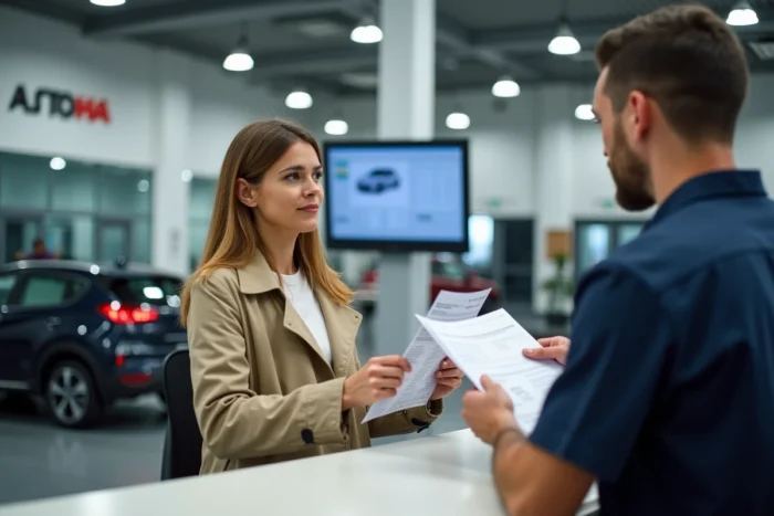 Cliente discutant d'un rapport de diagnostic avec un conseiller de service dans la réception d'un garage auto
