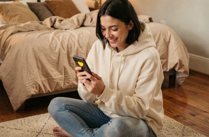 Jeune femme souriante regardant son téléphone avec un emoji cœur jaune sur Snapchat dans une chambre cosy