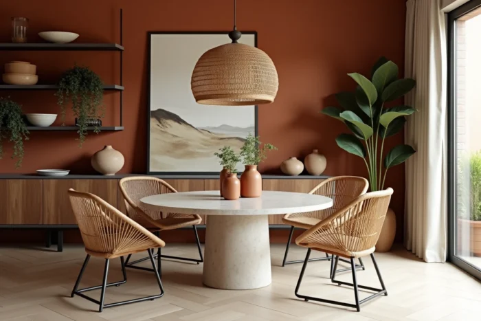 Coin repas tendance avec table en travertin, chaises en rotin vintage et mur accent terracotta pour sublimer une salle à manger moderne