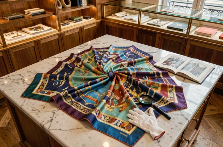 Collection de carrés Hermès soie disposés en flat lay sur marbre blanc avec gants blancs et loupe de collectionneur dans un atelier parisien