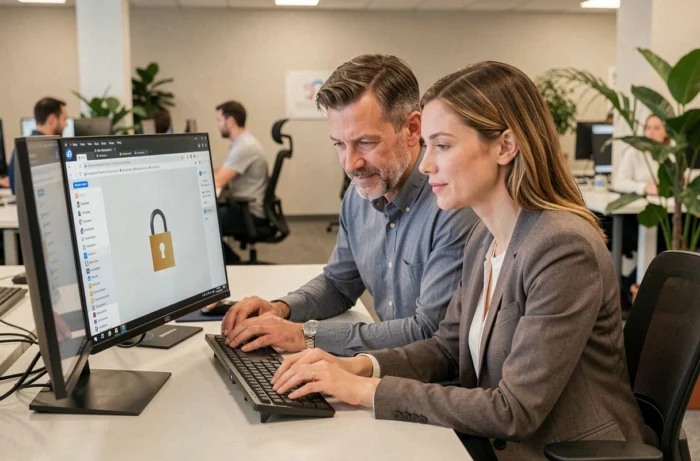 Deux collègues accédant en sécurité au nouveau site Nokraf depuis un poste de travail en open space