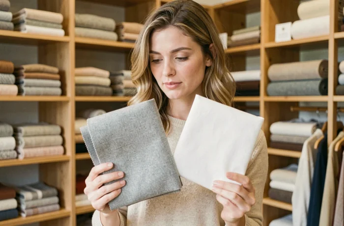 Femme comparant des tissus flanelle et coton dans une boutique de textiles