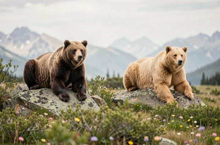 Comparaison visuelle entre un ours grizzly et un ours Kodiak reposant sur des rochers dans une prairie subalpine, illustrant les différences de taille entre les deux espèces