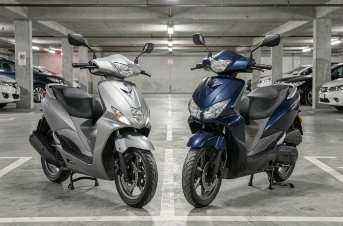 Comparaison côte à côte d'un scooter 300 cm3 et d'un scooter 400 cm3 dans un parking souterrain