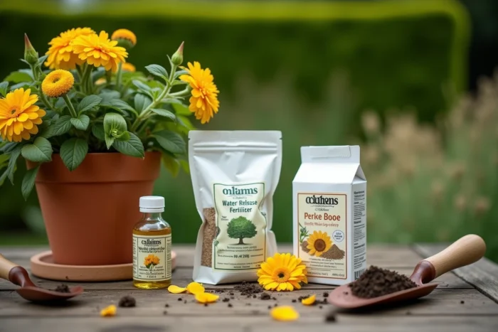 Comparaison de différents types d'engrais pour fleurs en pot posés sur une table de jardin en bois