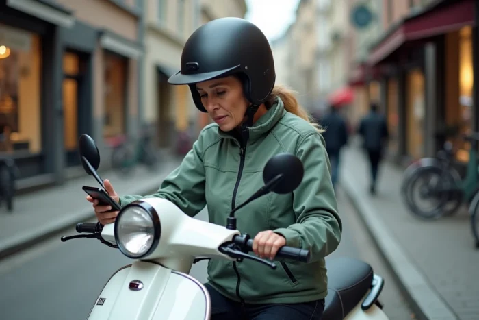 Femme conductrice de scooter consultant un tutoriel de maintenance sur smartphone pour résoudre un problème de broutage en ville