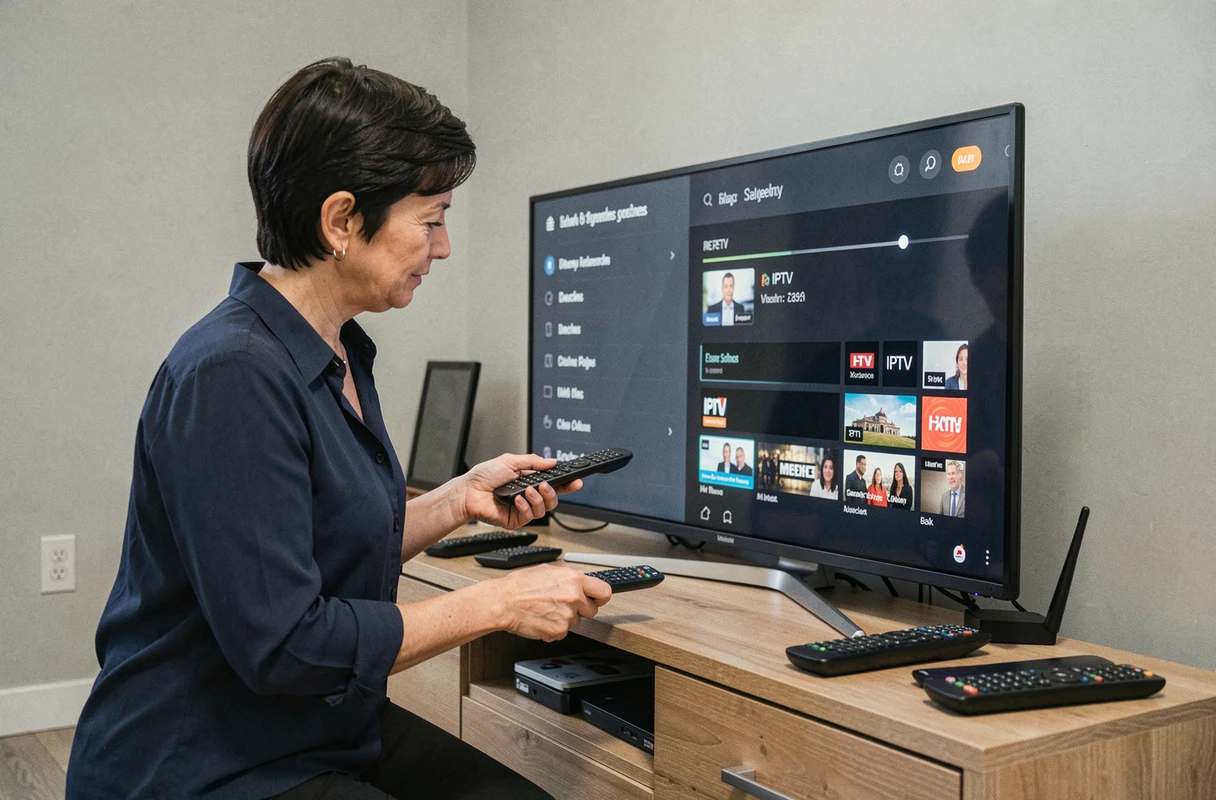 Femme configurant une application IPTV sur une smart TV avec télécommande dans un salon cosy