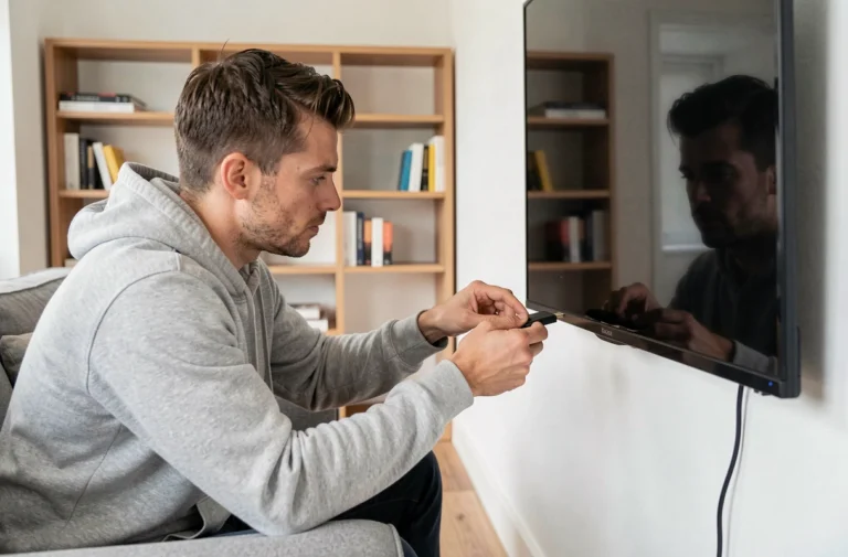 Homme connectant une clé Android TV en HDMI sur une télévision murale dans un salon moderne