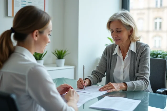 Femme consultant un conseiller administratif pour mettre à jour ses informations Urssaf