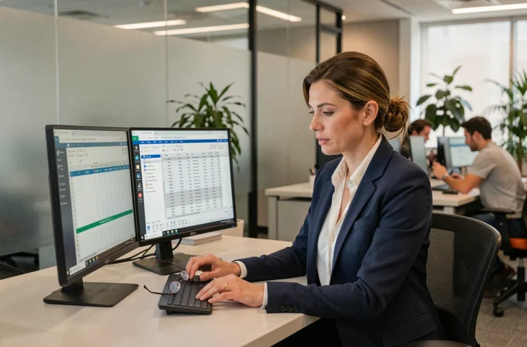 Consolideur financière analysant des rapports de consolidation sur deux écrans dans un open space moderne
