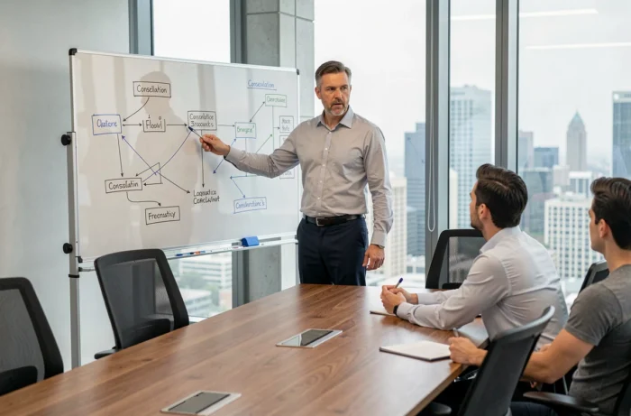 Consolideur présentant un organigramme de consolidation financière à son équipe dans une salle de réunion d'entreprise
