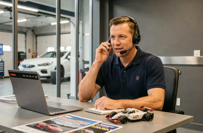 Consultant automobile professionnel de l'équipe Redracing Green au téléphone dans un bureau moderne avec des brochures de voitures et un modèle réduit de voiture de course