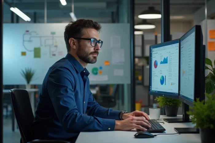 Consultant informatique analysant des tableaux de bord numériques pour accompagner la transformation digitale d'une entreprise