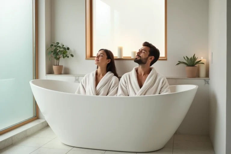 Couple détendu dans une baignoire balnéo 2 places avec jets hydromassants dans une salle de bain moderne et épurée