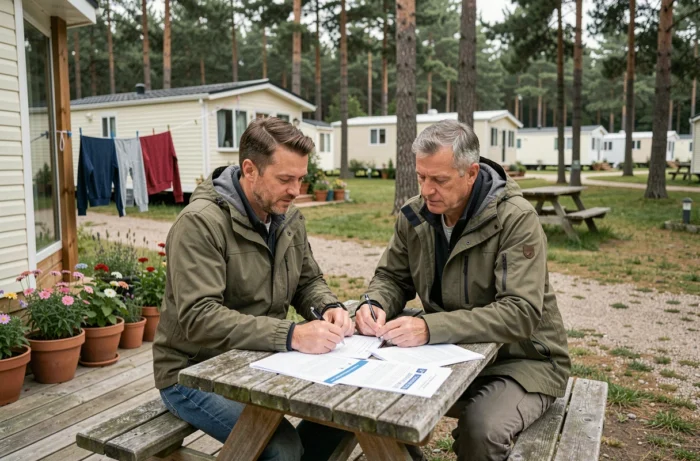 Couple examinant des documents administratifs sur leur emplacement résidentiel dans un camping, domiciliation longue durée