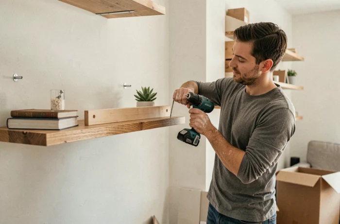 Couple installant des étagères en bois flottantes sur un mur de salon lors de travaux de bricolage à domicile