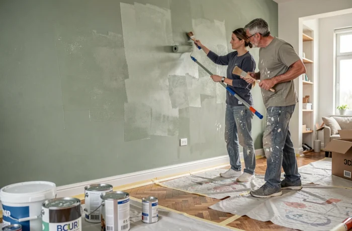 Couple peignant un mur intérieur en vert sauge lors d'un projet de rénovation déco à la maison