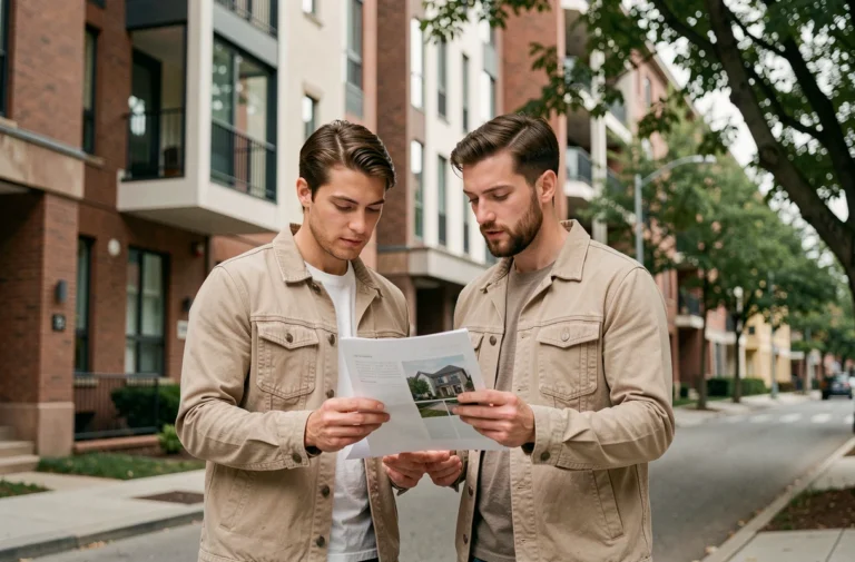 Couple de trentenaires examinant des documents immobiliers devant un immeuble résidentiel moderne en ville