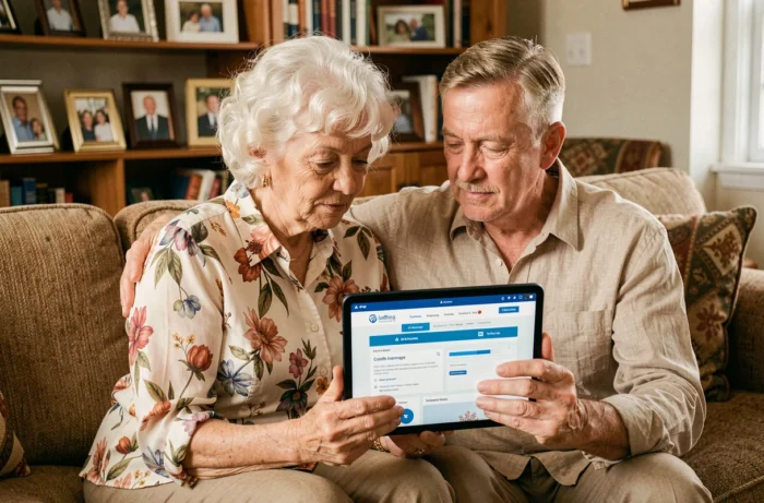 Couple de seniors comparant des mutuelles santé sur une tablette dans leur salon