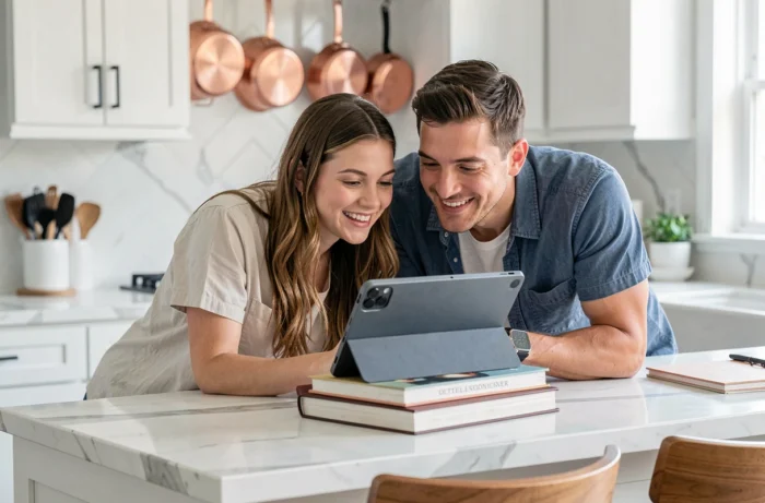 Couple regardant ensemble une série sur une tablette via une plateforme de streaming légale dans une cuisine moderne