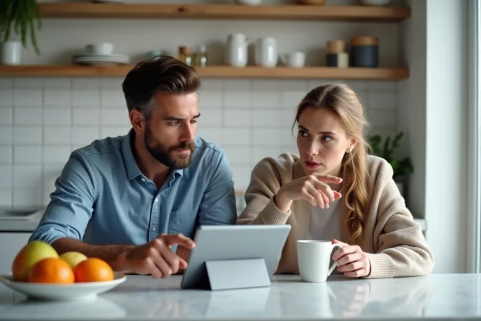 Couple consultant une tablette pour configurer un VPN et accéder à des plateformes de streaming géo-bloquées depuis leur domicile en France