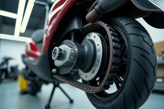 Gros plan sur la courroie de transmission et le variateur d'un scooter soulevé sur pont élévateur dans un centre de service pour résoudre le broutage