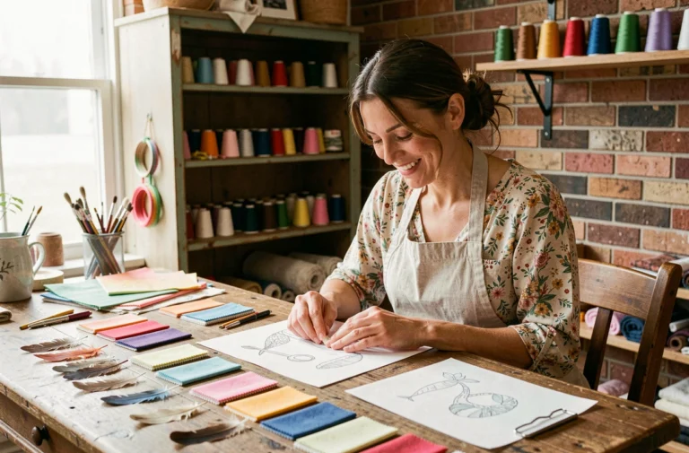 Créatrice artisanale travaillant dans son atelier entouré de plumes décoratives et de tissus colorés