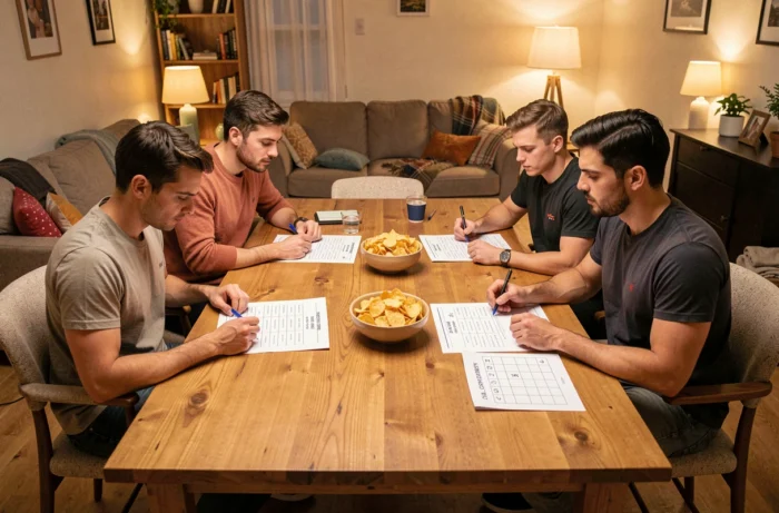 Deux équipes autour d'une table avec fiches de quiz culture générale et fiche capitaine de score