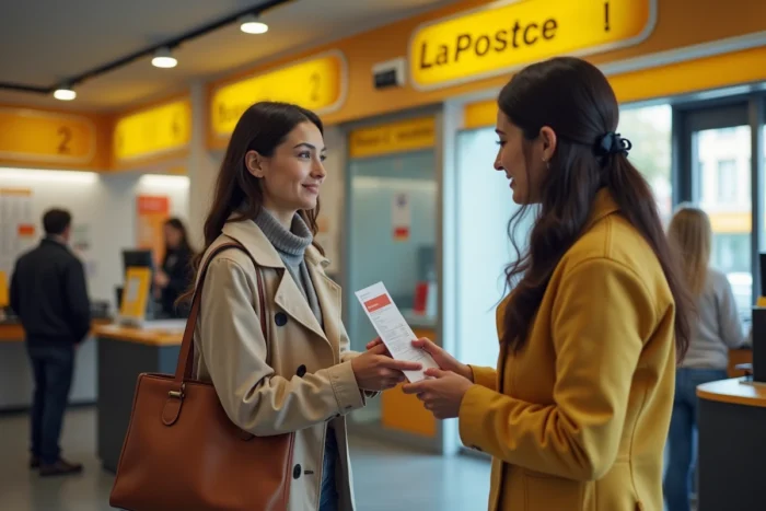 Une jeune femme dépose ses documents d'identité au guichet d'une agence La Poste pour ouvrir un compte bancaire