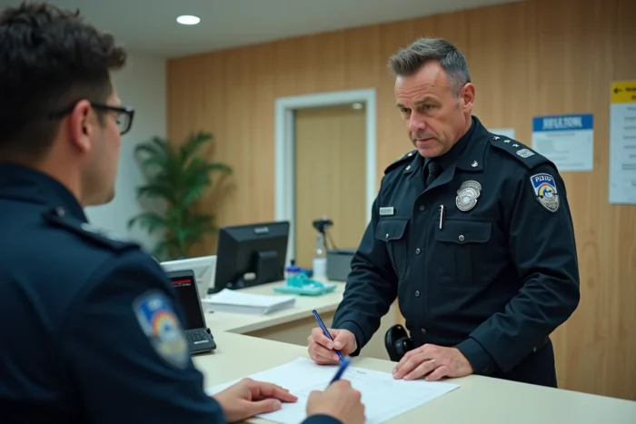 Officier de police et un civil déposant une plainte dans un commissariat français, symbolisant la procédure judiciaire après une agression physique