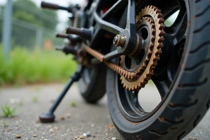 Gros plan sur la chaîne et le pignon usés d'une moto d'occasion à kilométrage élevé