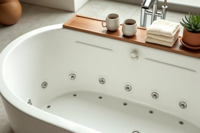 Détail intérieur d'une baignoire balnéo biplace avec jets hydromassants, plateau en bois et accessoires de relaxation