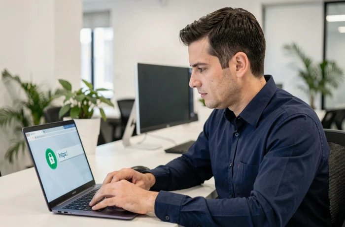 Un développeur web vérifiant la sécurité HTTPS d'un site sur son ordinateur portable en open space