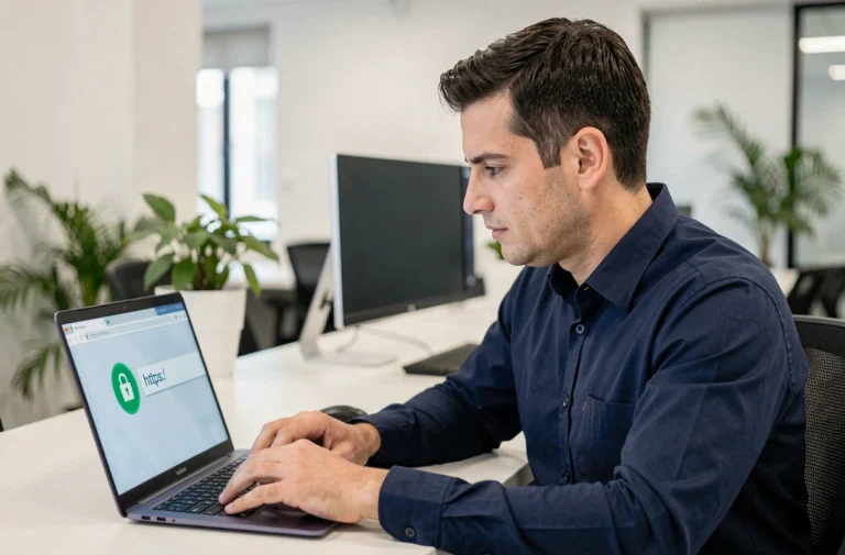 Un développeur web vérifiant la sécurité HTTPS d'un site sur son ordinateur portable en open space
