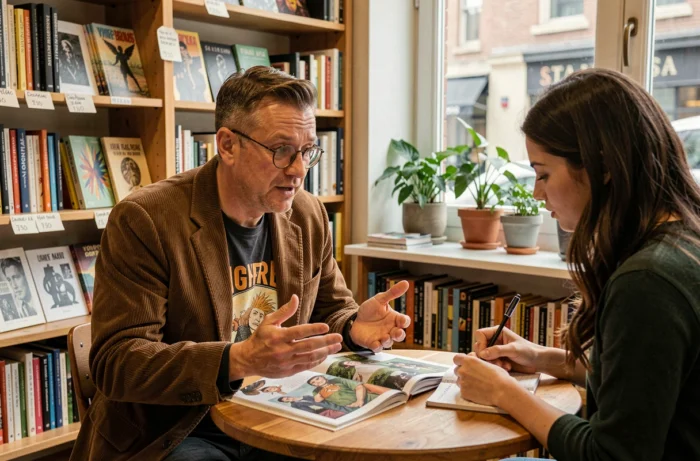 Deux personnes en discussion dans une librairie culturelle indépendante entourée de livres d'art et de zines, ambiance culture alternative