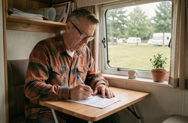 Homme remplissant des documents administratifs officiels à l'intérieur d'un camping-car, démarches pour domiciliation en camping