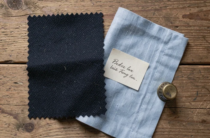 Échantillons de tissu flanelle et coton disposés en flat lay sur une table en bois rustique