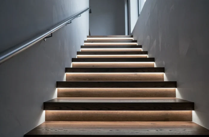 Éclairage LED encastré sous chaque marche d'un escalier moderne en bois foncé