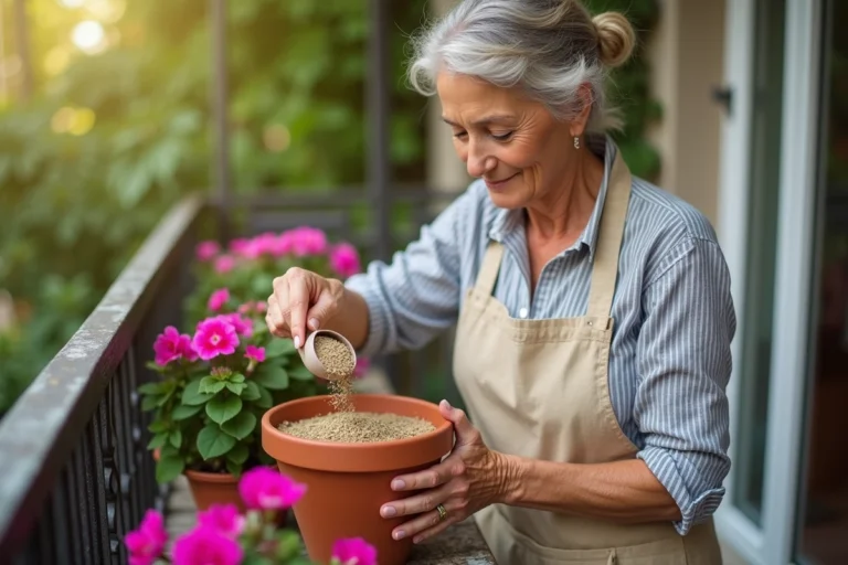 Femme appliquant de l'engrais granulé sur des géraniums en pot sur un balcon extérieur en pierre