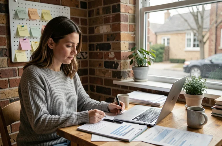 Femme entrepreneur travaillant sur un petit budget depuis son bureau à domicile avec un ordinateur portable et des notes manuscrites