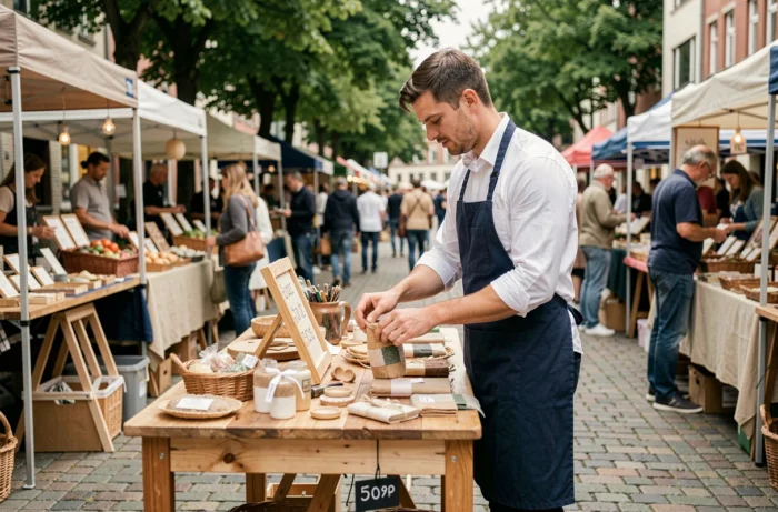 Jeune entrepreneur tenant un stand de marché artisanal en plein air avec des produits faits main et une affiche de prix