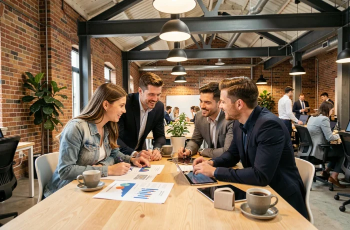 Équipe de professionnels collaborant sur des analyses économiques et managériales dans un espace de coworking moderne