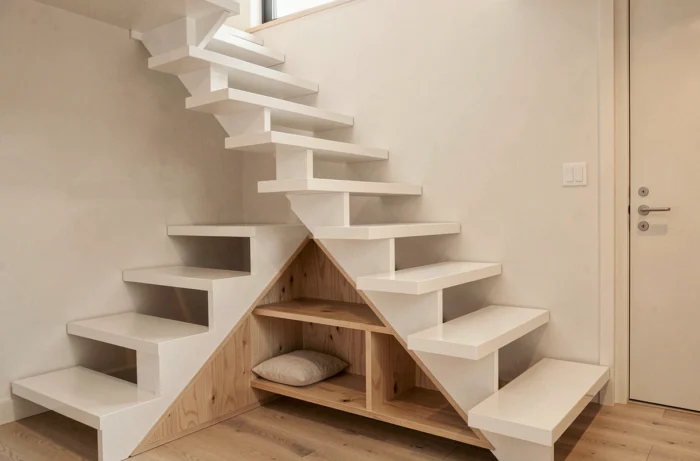 Escalier à crémaillère avec espace de rangement intégré sous les marches dans un appartement moderne