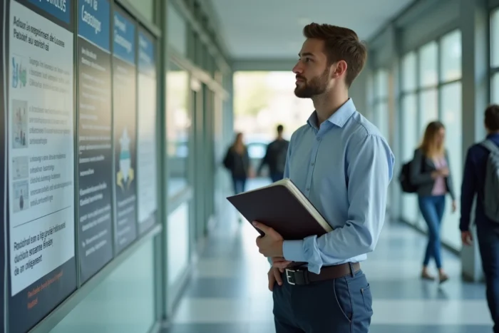 Étudiant en alternance consultant un panneau d'information sur les licences reconnues par France Compétences dans un couloir universitaire