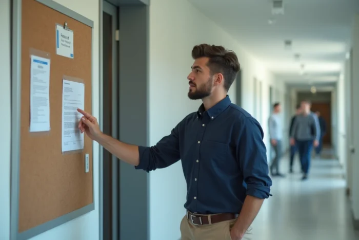 Étudiant consultant les résultats d'examen affichés sur un panneau d'affichage universitaire, expression entre soulagement et incertitude