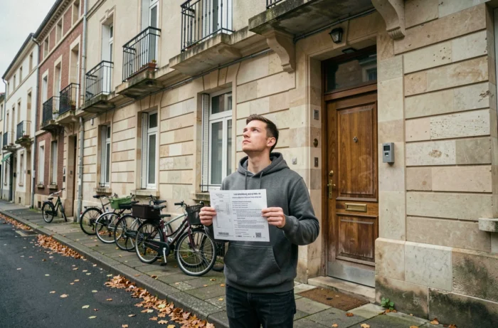 Étudiant visitant un immeuble résidentiel abordable pour une location à La Roche-sur-Yon avec un petit budget