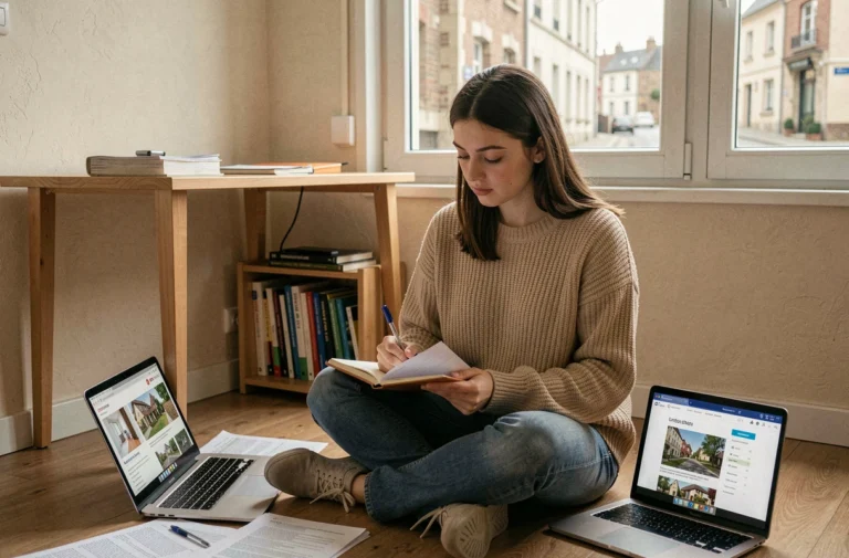 Étudiante consultant des annonces de location d'appartement avec un petit budget dans un studio modeste à La Roche-sur-Yon